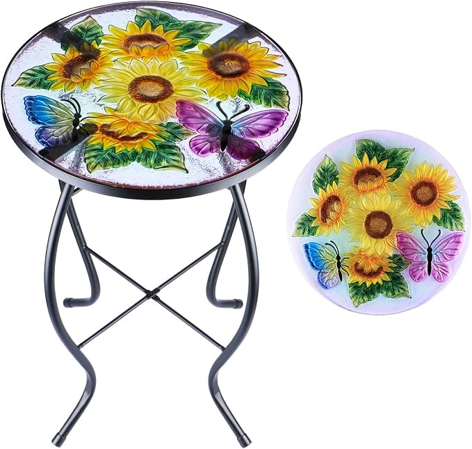 MUMTOP Outdoor Side Table - Patio Table Mosaic Coffee SideTables Glass Accent Table 14’’Round SmallTable Plant Stand for Indoor Garden Balcony (Sunflower)