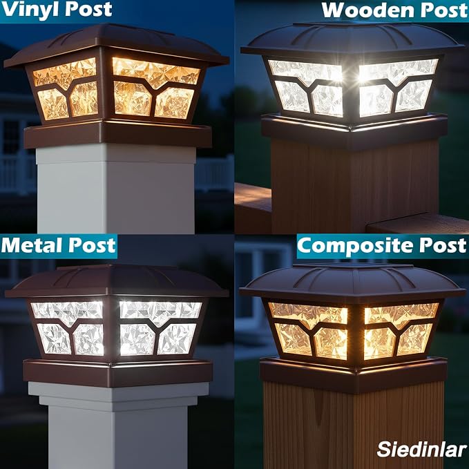 SIEDiNLAR Solar Post Cap Lights Outdoor 2 Color Modes 8 LEDs for 4x4 5x5 6x6 Posts Fence Deck Patio Decoration Warm White & Cool White Lighting Brown (4 Pack)
