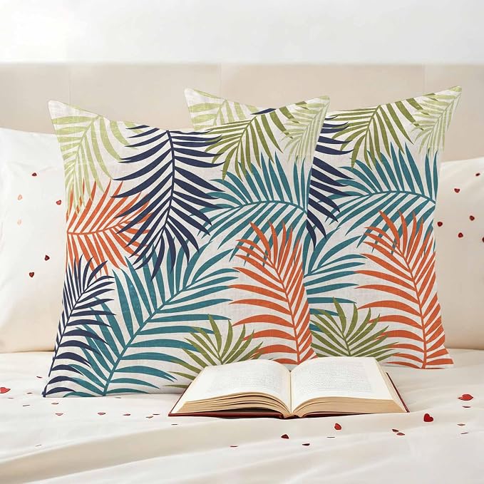 Outdoor Waterproof Throw Pillow Covers, Orange Green Blue Palm Leaves Decorative Pillow Cases, Summer Botanical Tropical Leaf Couch Pillow Protector Patio Sofa Cushion Covers 16"x16" 2 Pack