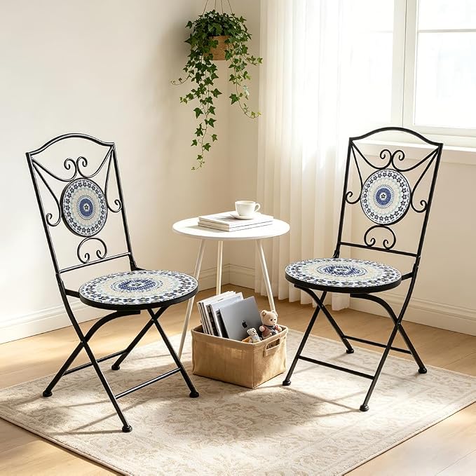 Folding Patio Chairs Set of 2 Mosaic Bistro Chair Outdoor Seating | Garden Patio Furniture Seating Heavy Duty Metal Frame Dining Chairs for Lawn Yard Balcony Porch Backyard Poolside