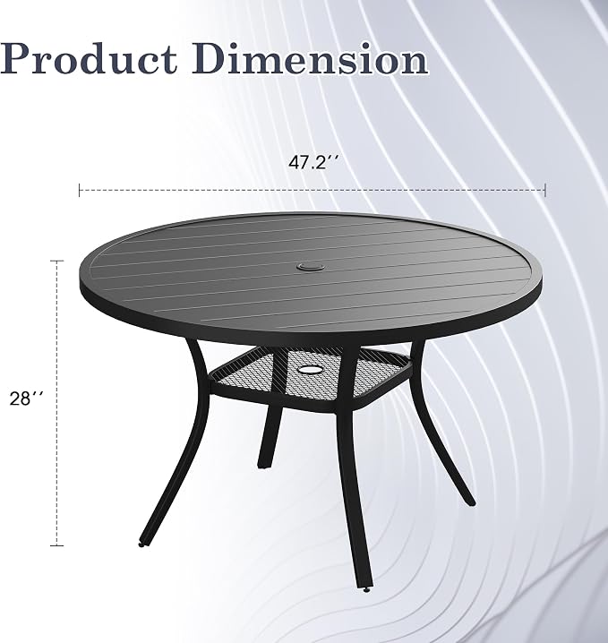 Outdoor Dining Table for 6, 47.2" Round Outdoor Table with Adjustable Umbrella Hole, All-Weather Metal Patio Dining Table for Lawn Garden Backyard Deck, Black