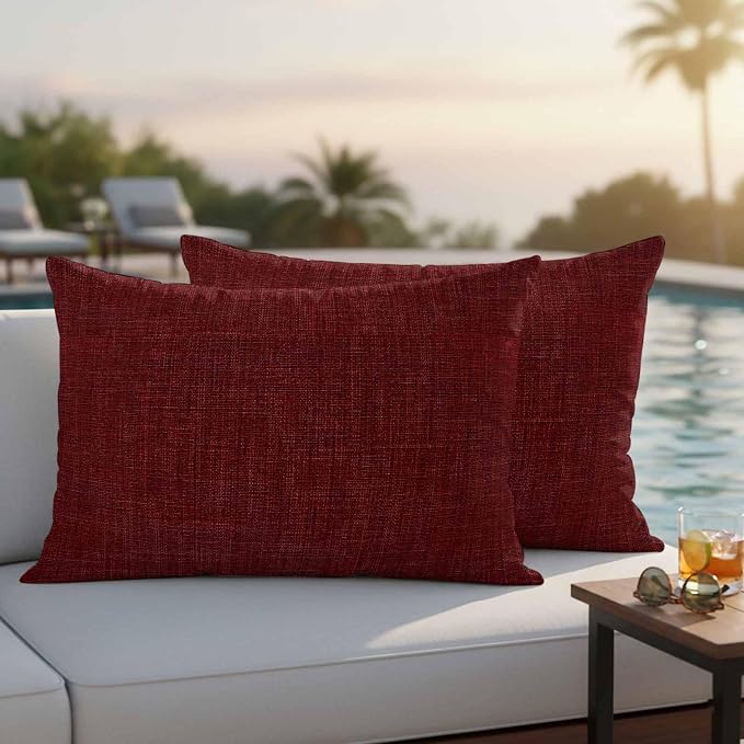 Outdoor Waterproof Throw Pillow Covers Set of 2 Wine Red Linen Lumbar Pillowcases 20x12 Inches Farmhouse Pure Color Decorative Pillows Cushion Case Patio Pillows for Couch Bed Chair Garden