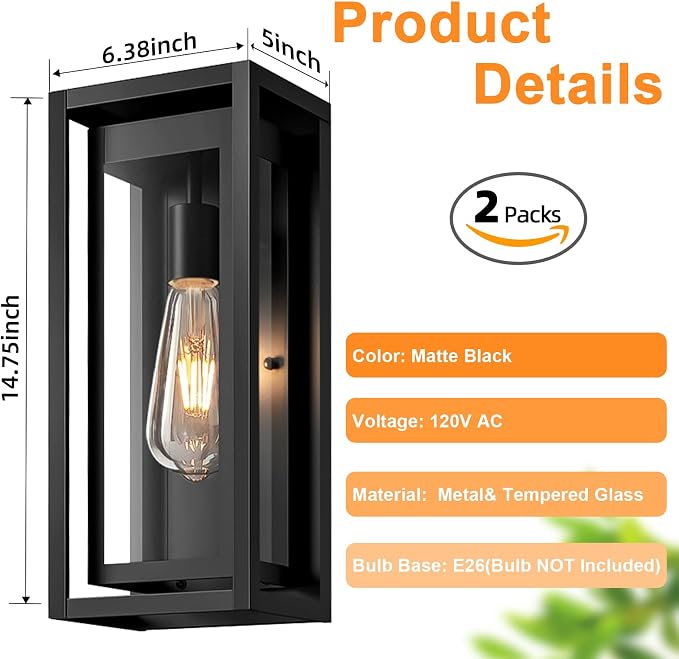 15" Large Outdoor Wall Lights, 2 Pack Matte Black Outdoor Sconces, Modern Waterproof Exterior Lighting Fixtures with Clear Glass Shade for Front Door, Porch, Garage