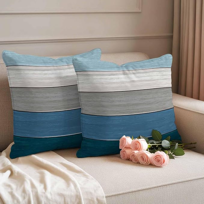 Outdoor Throw Pillow Covers 18X18 Set of 2 Waterproof Ombre Blue Gray Decorative Zippered Cushion Covers for Patio Furniture, Farmhouse Retro Rustic Barn Wood Texture Lumbar Pillowcases Ocean Hues