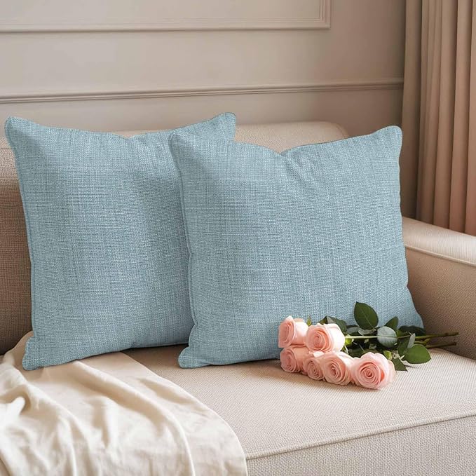 Outdoor Waterproof Throw Pillow Covers Set of 2 Blue Linen Pillowcases 24x24 Inches Farmhouse Pure Color Decorative Pillows Cushion Case Patio Pillows for Couch Bed Chair Garden