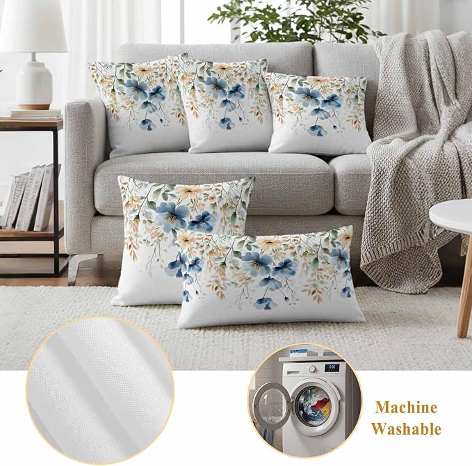 Blue Spring Floral Waterproof Outdoor Pillow Covers 24''x24'' Set of 2, Weeping Botanical Patio Furniture Summer Cushion Covers for Chairs, Decorative Wildflowers Pillow Cases for Garden/Pool/Beach