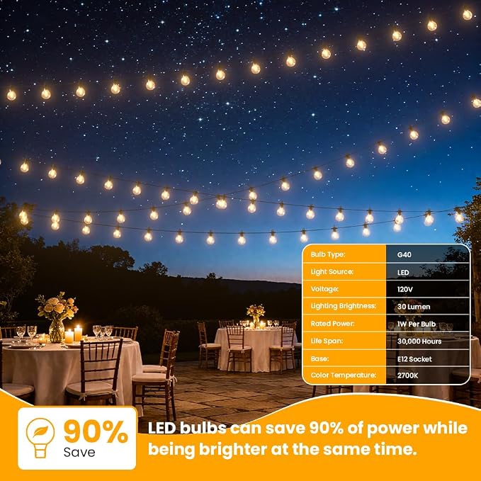 LED Outdoor String Lights, 100FT Patio Lights Outdoor Waterproof with 50+2 Shatterproof G40 Edison Globe Bulbs, 2700K Warm White Hanging Light, Dimmable Light for Outside Backyard Garden Bistro Porch