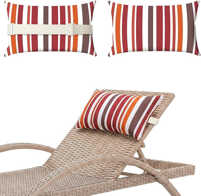 Chaise Lounge Head Pillow Oudoor Patio Pillow with Elastic Strap | 2 Pack Water Resistant Headrest Pillows for Recliner, Beach Chair, Office Chair, Stripes
