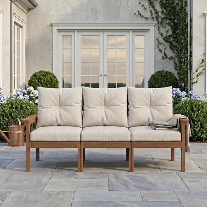 Beige HDPE Patio Sofa Set, 3-Piece Sectional Outdoor Patio Furniture Set, All Weather Outdoor Couch Set with Washable Thick Cushions for Lawn, Garden, Balcony, Deck, Porch, Yard