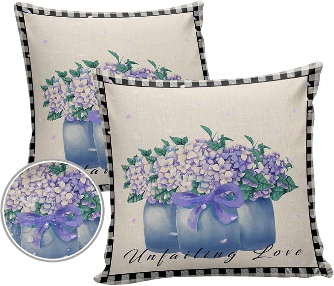 Hydrangea Outdoor Pillow Shams Set of 2, Decorative Pillowcases Cushion Case, Soft Throw Pillow Covers Waterproof Pillow Case 20x20 Inch, Purple Flowers in Jar Black Plaid Unfailing Love