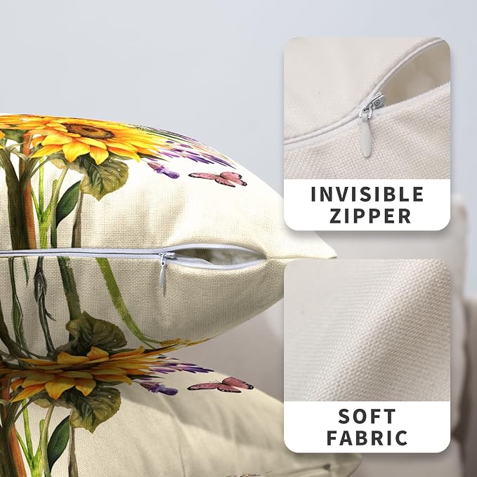 Sunflower Pillow Covers Floral Purple Lavender Butterfly Throw Pillow Covers Spring Summer Tulip Iris Flower Pillow Cases 22x22 for Home Farmhouse Couch Sofa Bed Decor 2 Pack