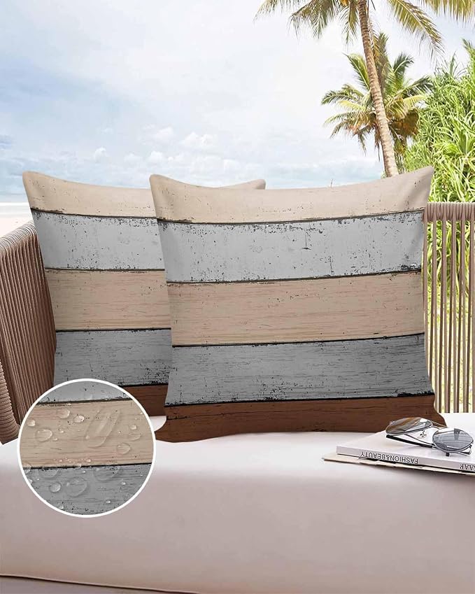 Outdoor Throw Pillow Covers 24X24 Set of 2 Waterproof Ombre Ground Color Brown Grey Decorative Zippered Cushion Covers for Patio Furniture,Lumbar Pillowcases Farmhouse Retro Rustic Barn Wood Texture