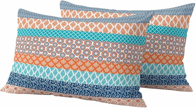 Geometric Bohemia Outdoor Pillow Covers Set of 2 Stripes Orange Turquoise and Blue Waterproof Throw Pillow Cover Decorative Cushion Cases for Patio Porch Garden 20X12 Inch