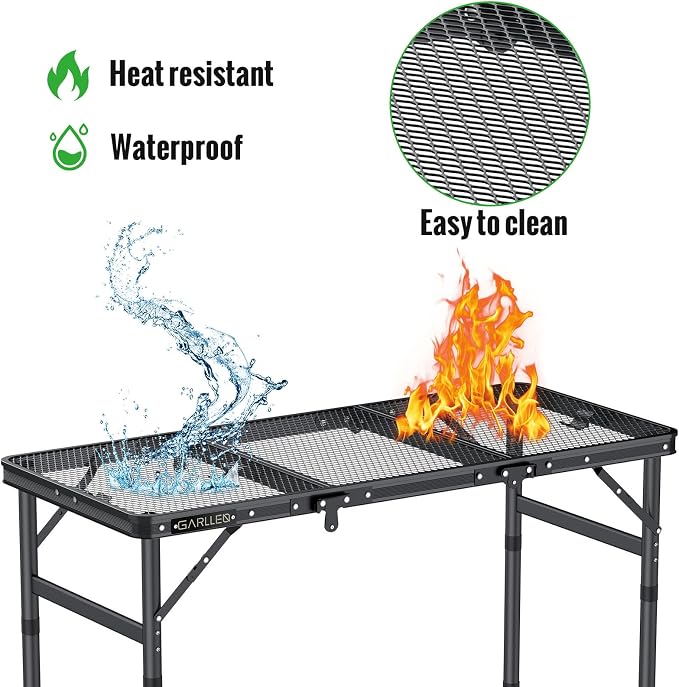 GARLLEN Folding Grill Table Max Capacity 66lbs, 3 Adjustable Height Portable Folding Camping Table with Heat-Resistant Mesh Tabletop, Aluminum Picnic Table for Outdoor, BBQ, Camping, 34.2"L x 15.7"W