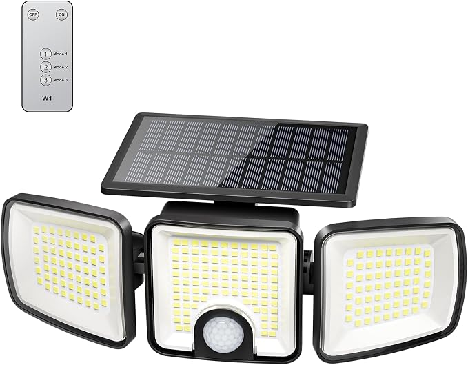 Brightown 1 Pack Solar Flood Outdoor Lights with Motion Sensor 3 Modes | 2500LM 223 LED Solar Outdoor Lights, 3 Head 270° Wide Angle Street Area IP65 Waterproof Security Wall Lights with Remote