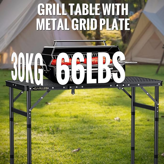 GARLLEN Folding Grill Table Max Capacity 66lbs, 3 Adjustable Height Portable Folding Camping Table with Heat-Resistant Mesh Tabletop, Aluminum Picnic Table for Outdoor, BBQ, Camping, 34.2"L x 15.7"W