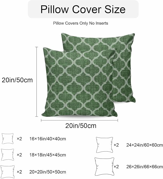 Dark Green Moroccan Outdoor Pillow Covers 26x26 Inch Throw Pillow Covers Set of 2 Waterproof Decorative Pillow Cases Middle Century Quatrefoil Plaid Art Cushion Covers for Patio Furniture Garden Couch