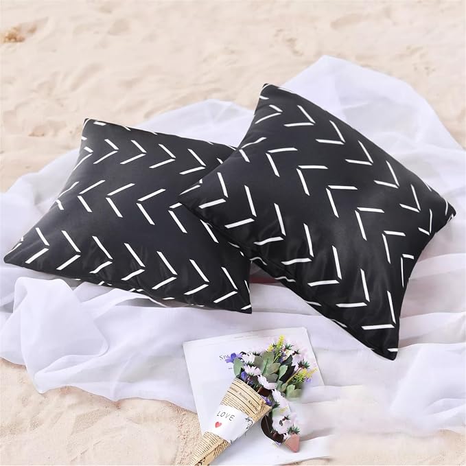 Adabana Geometric Waterproof Outdoor Pillow Covers 18x18 Black and White | Set of 2 Waterproof Design for Patio, Porch, Garden and Beach Decor