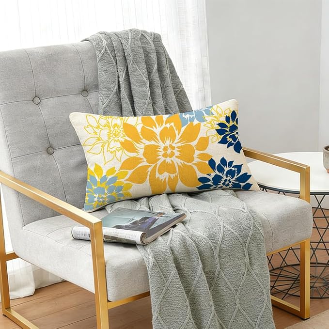 Waterproof Yellow and Blue Dahlia Floral Outdoor Pillow Covers 12x20 Inch, Decorative Spring Summer Cushion Cases for Living Room Sofa Patio Garden Porch