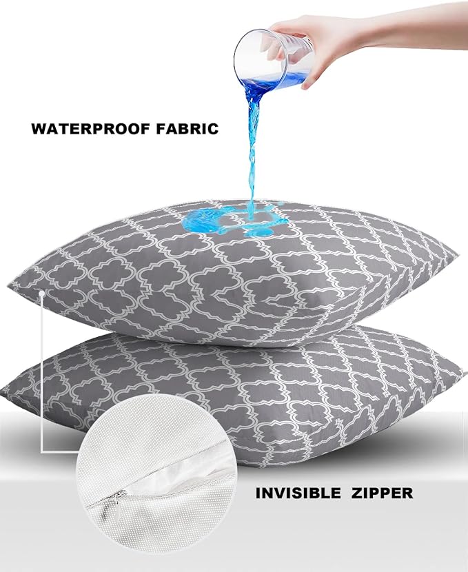Outdoor Waterproof Pillow Covers for Patio Furniture Moroccan Pattern Decorative Throw Pillow Cover Geometric Trellis Grey Pillowcases Set of 2 Cushion Case for Sofa Couch Chair Home Decor 24x24 inch