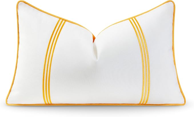 Hofdeco Premium Coastal Patio Indoor Outdoor Lumbar Pillow Cover Only, 12"x20" Water Resistant for Backyard, Couch, Yellow Embroidered Vertical Line