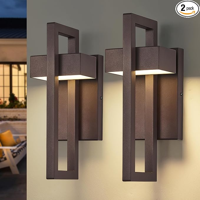 16.5'' Modern LED Outdoor Wall Sconce, Integrated LED Outdoor Light Fixtures Wall Mount Exterior Lights, Brown Front Porch Outside Lighting for House, Backyard, Warm White 3000K, 2 Pack