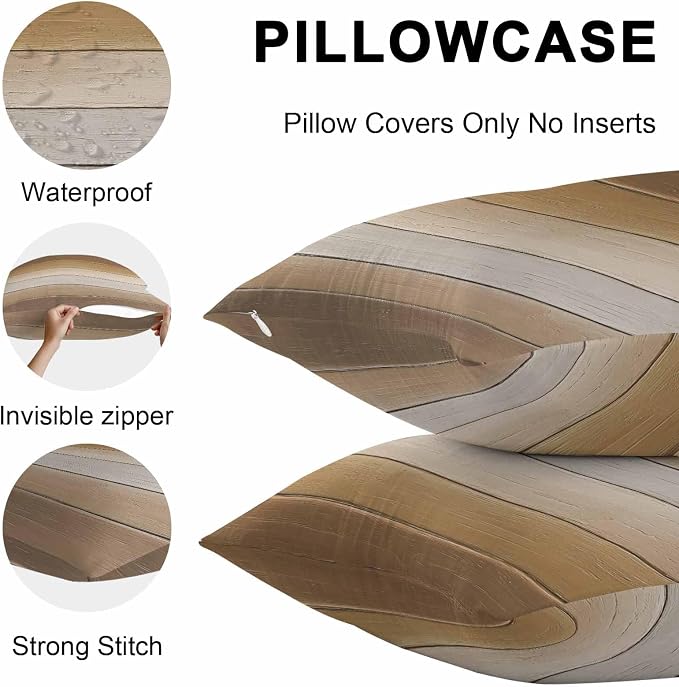 Brown Beige Outdoor Pillow Covers 20x20 Inch Throw Pillow Covers Set of 2 Waterproof Decorative Pillow Cases Farmhouse Vintage Gradient Wooden Grain Cushion Covers for Patio Furniture Garden Couch