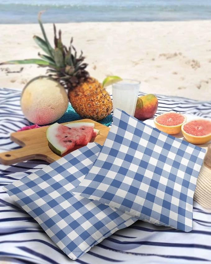 Outdoor Waterproof Throw Pillow Covers Set of 2 Buffalo Plaid Blue Check Pillowcases 20x20 Inches Farmhouse Style Patio Decorative Pillows Cushion Case Patio Pillows for Couch Bed Chair Garden
