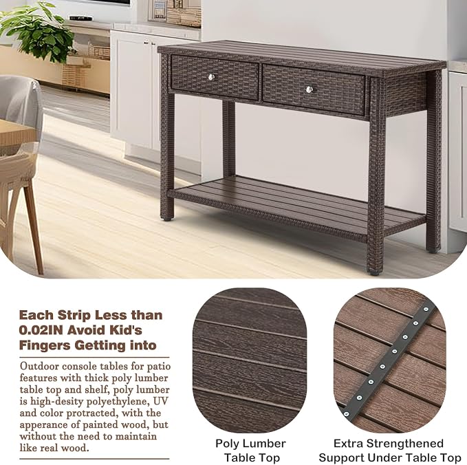 Outdoor Console Table with Drawer Patio Buffet Bar Storage Organizer 45"Long Wicker Sofa Serving Sideboard Table 2-Shelf Outdoor Narrow Bar Table Tall Rectangle with Adjustable Feet for Entryway Brown