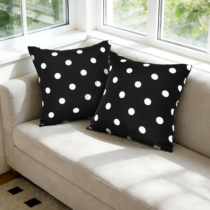 Eternal Beauty 18X18'' Set of 2 Waterproof Outdoor Pillow Covers for Spring Summer Patio Throw Pillows, Black White Polka Dot, 18X18 inches