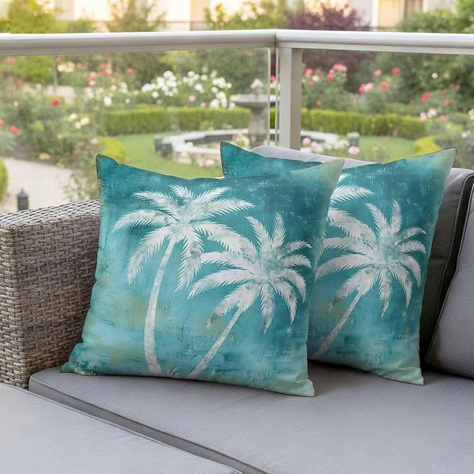 Coastal Beach Tree Teal Outdoor Waterproof Pillow Covers, Tropical Botanical Decorative Square Throw Pillowcase, Palm Tree Vintage Sofa Cushion Sham for Patio/Couch/Chair, 18"x18" 2 Pack