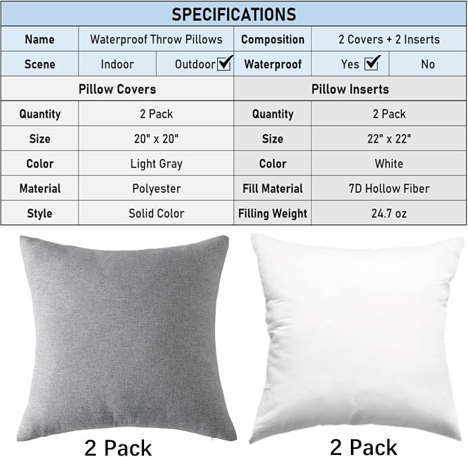 Outdoor Throw Pillows with Inserts, Waterproof Pillows for Outdoor Seating, Square Decorative Garden Cushion for Patio Furniture, Bed, Couch, Sofa(Light Gray, 20" x 20" (Pack of 2))