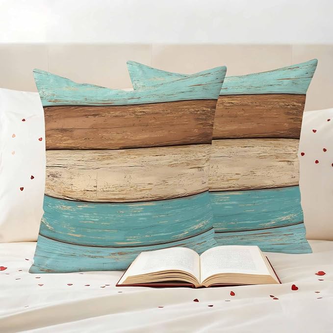 Farmhouse Aqua Brown Outdoor Waterproof Pillow Covers, Vintage Wooden Striped Decorative Square Throw Pillowcase Sofa Cushion Sham for Patio/Couch/Chair, 18"x18" 2 Pack