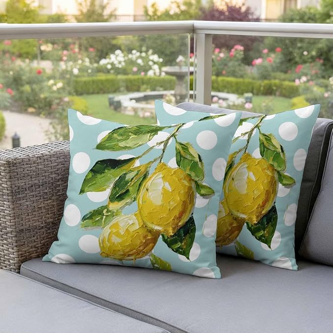 Waterproof Pillow Covers Set of 2,Summer Lemon Leaf Country Fruit Outdoor Pillow Protectors with Zipper Pillowcases for Patio Tent Garden Beach 16x16 Inches Polka Dot Light Blue