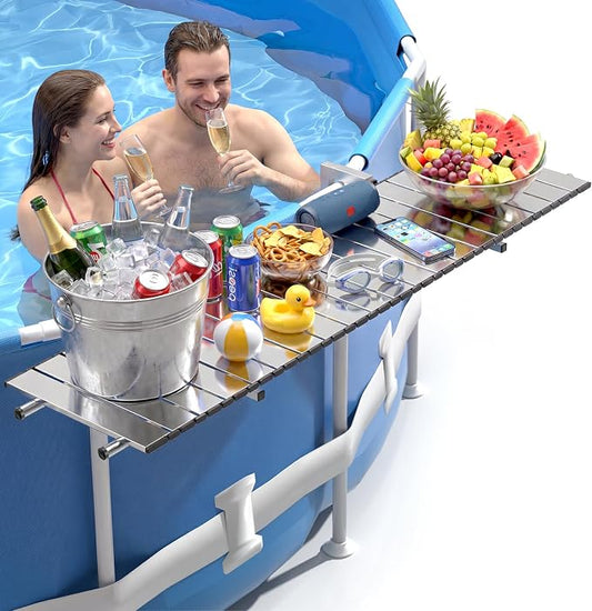 FUQUN Above Ground Pool Bar, 47" x 11.7" Heavy-Duty Mirrored Silver Poolside Table, Stainless Steel Frame & Tabletop, Fits 2-4" Top Rails & 22.8-48.4" Leg Spacing, for Round & Oval Frame Pools
