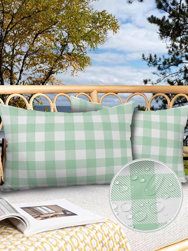 Outdoor Waterproof Throw Pillow Covers Set of 2 Light Green Buffalo Check Plaid Lumbar Pillowcases 20x12 Inches Farmhouse Style Decorative Pillows Cushion Case Patio Pillows for Couch Bed Garden
