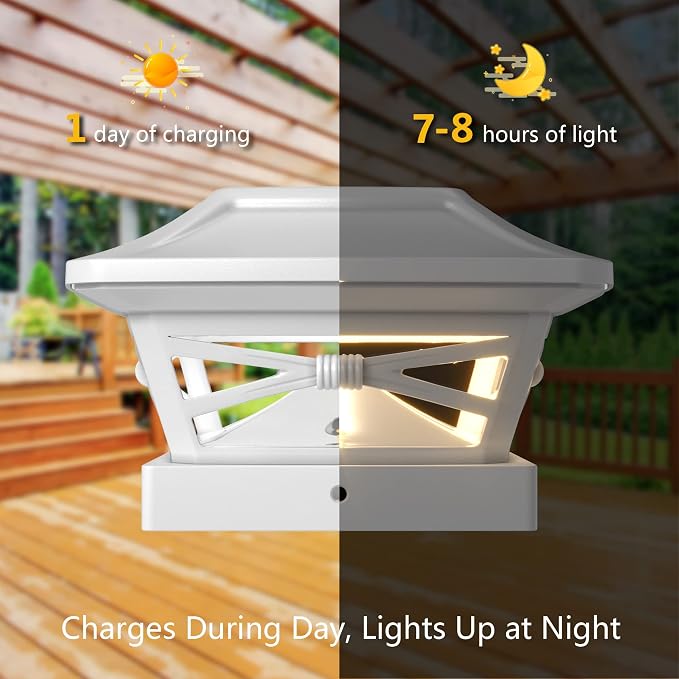 Davinci Renaissance Solar Outdoor Post Cap Lights, 4x4 5x5 6x6, Bright 12PK | Pearl White, fence/deck/garden/patio posts, UV fade-protected plastic, auto-on, 7-8h runtime, cordless, IP44, 25lm warm white