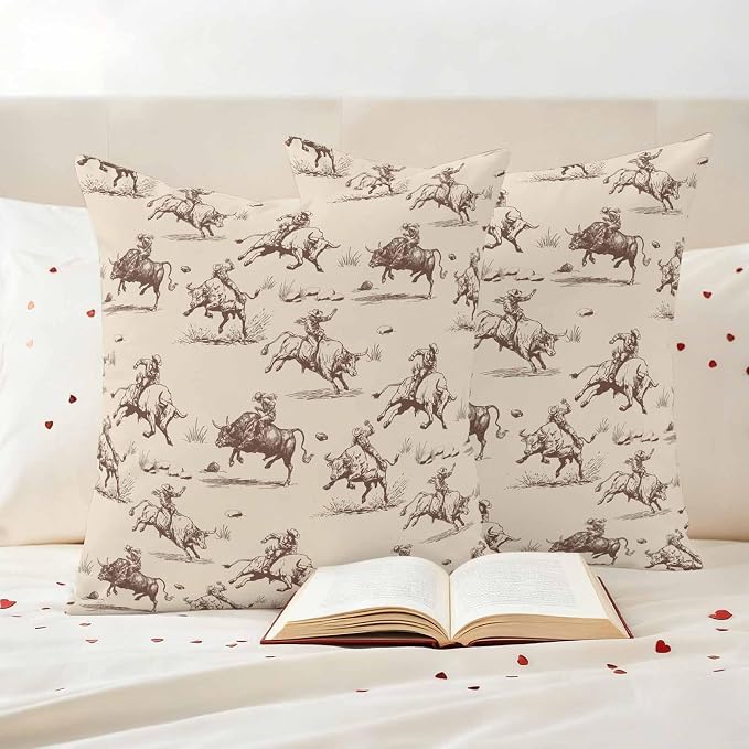 Western Cowboys Outdoor Pillow Covers Waterproof, All Weather Cushion Case Set of 2, Vintage Farmhouse Cow Nature Scenery Decorative Pillowcases for Sofa Couch Bed Decor Patio Furniture 16"x16"