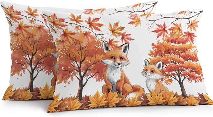 Orange Fox Outdoor Waterproof Pillow Covers, Thanksgiving Maple Leaves Autumn Trees Decorative Rectangle Throw Pillowcase Sofa Cushion Sham for Patio/Couch/Chair, 20"x12" 2 Pack