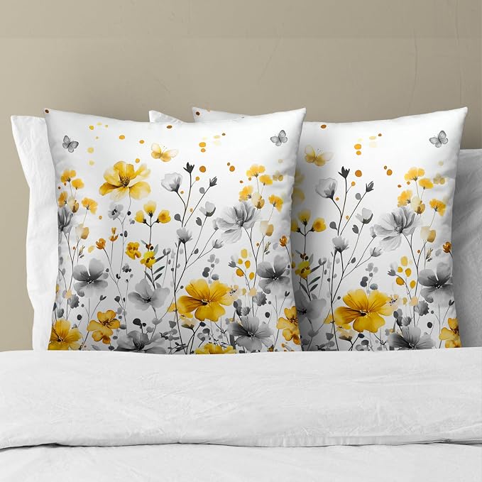 Wildflowers Throw Pillow Covers 22x22 Inch, Set of 2 Gray Yellow Flowers Botanical Art Square Pillowcases Soft Cotton Cushion Cover for Couch Bed Sofa Porch Car Home Decor