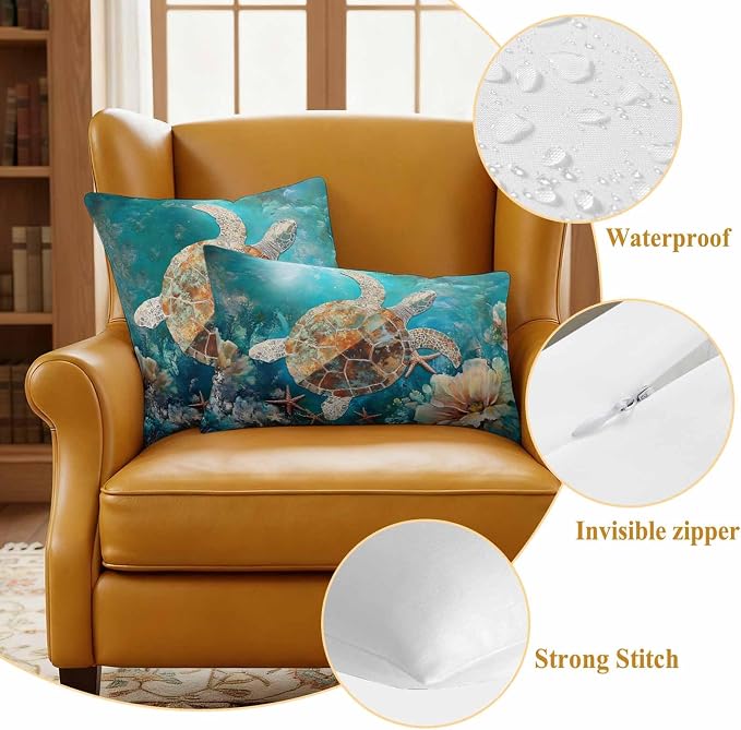 Ocean Turtle Outdoor Waterproof Throw Pillow Covers Set of 2, 26"x26", Marine Life Retro Starfish Coral Abstract Decorative Pillow Covers Outside Cushion Case for Patio Porch Garden