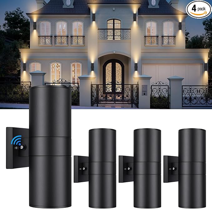 Black Exterior Lighting Fixtures Wall Mount Dusk to Dawn, Modern Outdoor Wall Lights for House Waterproof, 2-Light Up and Down Cylinder Wall Sconces for Garage Porch Outside Patio Yard, 4-Pack