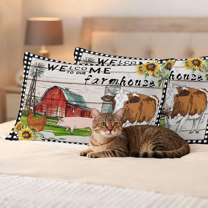 Outdoor Waterproof Pillow Covers 20x12Inch Farmhouse Animal Barn Chicken Pig Cow Throw Pillowcases for Patio Garden Couch Sofa Retro Wood Grain Farm Scene Decorative Cushin Case,Pack of 2