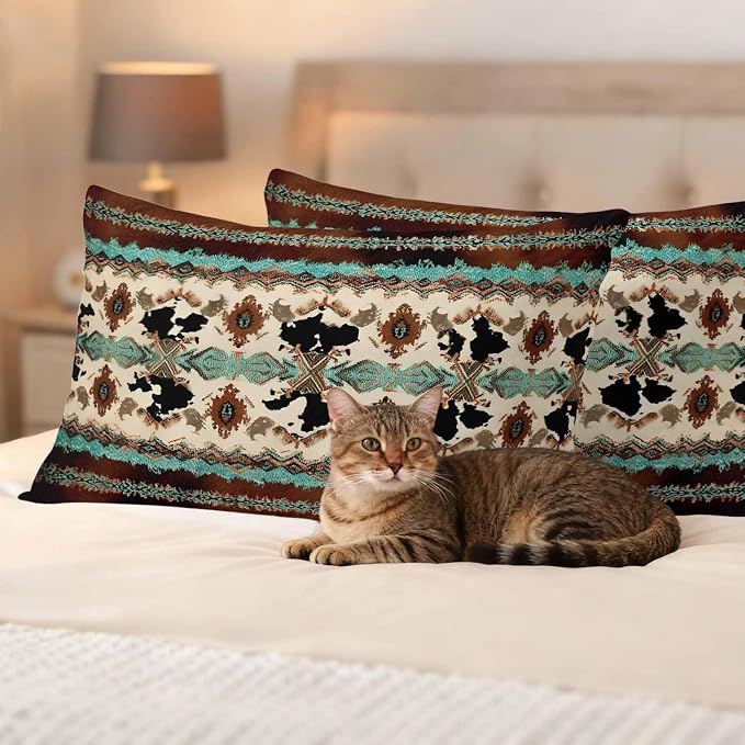 Boho Cowhide Outdoor Pillow Covers 20"x12" Set of 2, Western Aztec Tribal Green Brown Cow Texture Waterproof Throw Pillow Covers for Patio Furniture, Decorative Cushion Covers for Porch