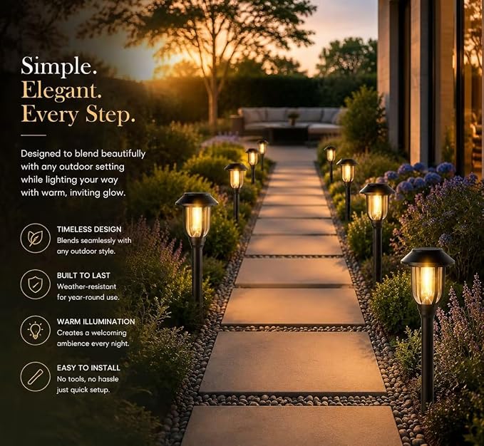 Solar Lights Outdoor 12 Pack, Solar Pathway Lights Warm White, Waterproof Auto On/Off Solar Powered Garden Lights for Yard Landscape, Walkway, Path, Driveway Decor