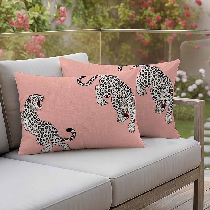Vandarllin Outdoor Throw Pillows Covers 20x12 inch Set of 2 Waterproof Pink Leopard Decorative Zippered Cushion Covers for Patio Furniture, Bohemian Animal Print Lumbar Pillowcases