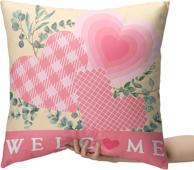 Valentine Day Pillow Covers 16x16 Set of 2 Valentines Day Pink Heart Throw Pillow Covers Pink Hearts with Eucalyptus Decoarative Pillow Case Cushion Case for Couch Sofa