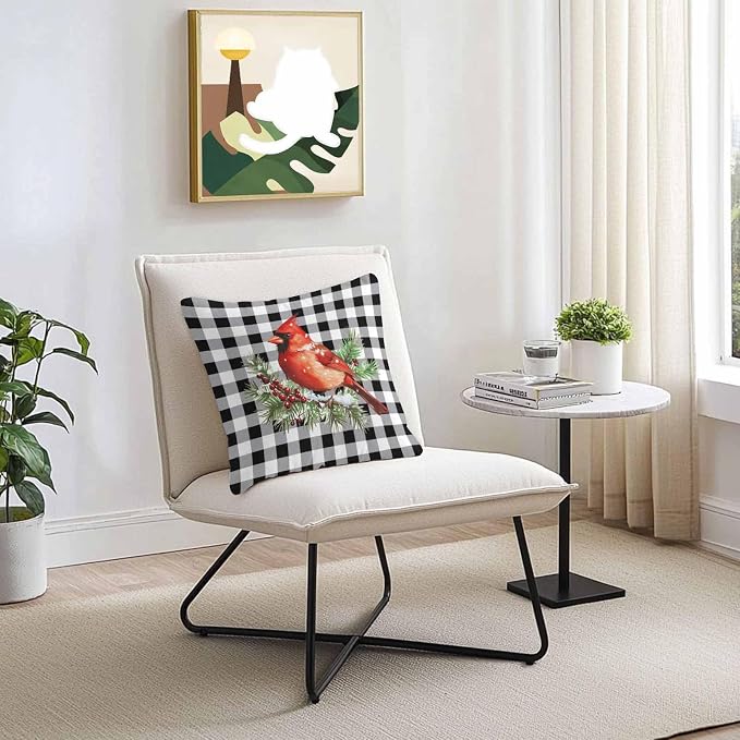 Vandarllin Christmas Outdoor Throw Pillows Covers 24X24 Set of 2 Waterproof Red Cardinals Decorative Zippered Lumbar Cushion Covers for Patio Furniture, White Black Buffalo Check Plaid