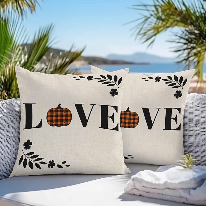 Orange Pumpkin Outdoor Waterproof Pillow Covers, Fall Leaves Love Heart Beige Pastoral Decorative Square Throw Pillowcase Sofa Cushion Sham for Patio/Couch/Chair, 16"x16" 2 Pack