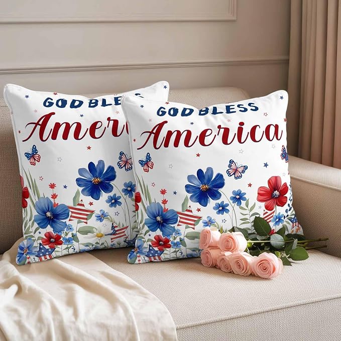 God Bless USA Outdoor Waterproof Throw Pillow Covers Set of 2, 18"x18", Red Blue Daisy Butterfly Independence Day Decorative Pillow Covers Outside Cushion Case for Patio Porch Garden